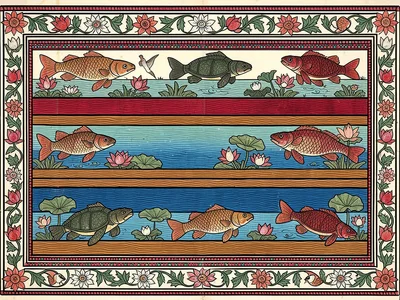 River scene — fish, turtles, lotuses, and water birds in layered horizontal regi