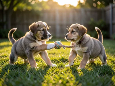Two puppies playing tug-of-war with a rope toy on green grass, backyard setting