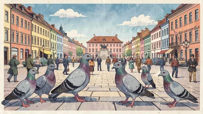 Gouache illustration, pigeons on city square , opaque matte pigment, flat color 