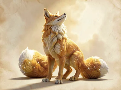 Thunderous celestial nine-tailed fox with golden fur and faint constellation mar