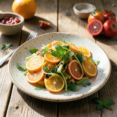 Bright citrus salad with blood oranges, fennel, and mint on a textured ceramic p