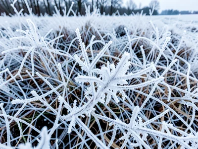 Frost field on meadow overall view