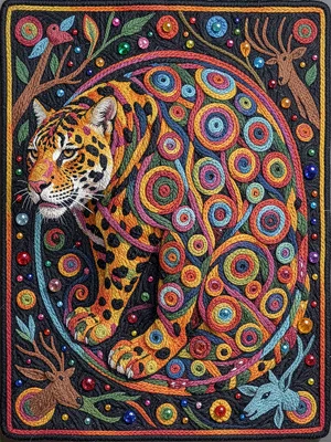 Jaguar crouching — rosette spots as miniature yarn spirals within the large form