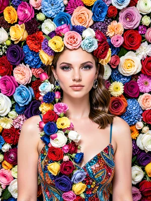 A flower crown on a model, cascading blooms to the shoulders, floral backdrop be