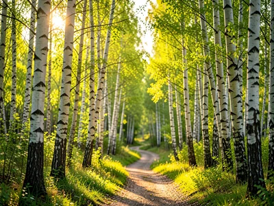 Winding forest path through a grove of birch trees with new bright green foliage