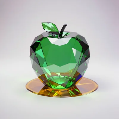 A faceted emerald-green glass apple resting on a soft pale gradient backdrop wit