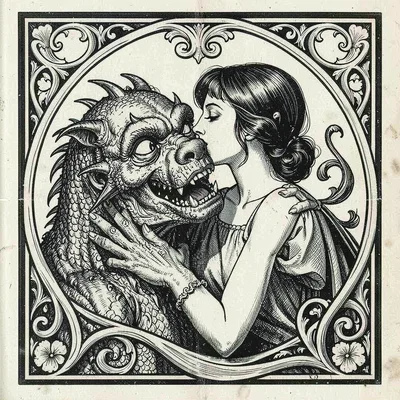 A woman kissing a monster