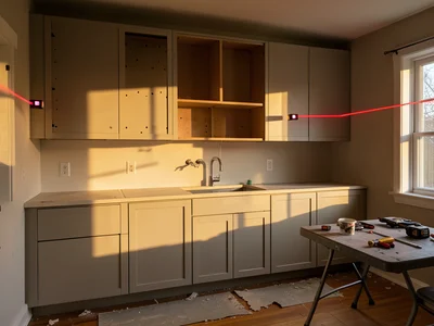 A kitchen mid-renovation — upper cabinets removed leaving screw holes and paint 
