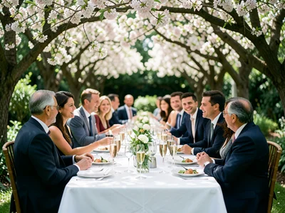 Garden party with long table set under flowering trees, glasses of champagne, wh
