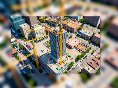 High atop a parking deck, tilt-shift photograph of a city block under constructi