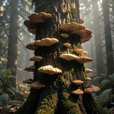 Dense atmospheric mist, rich earthy textures, A tree trunk covered in shelf fung