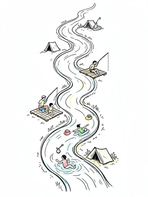 A winding river drawn from top to bottom with different activities at each bend: