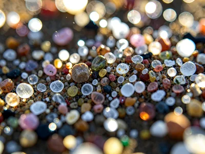 Backlit sand grains showing translucency variation