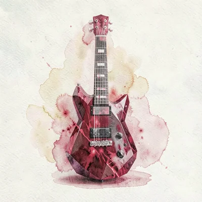 Single ruby-red lowpoly electric guitar with a sharply faceted body and crystall