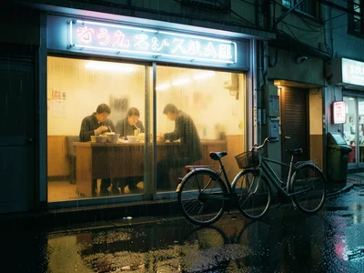 A ramen shop viewed through its steamed-up window at night, the interior warm an