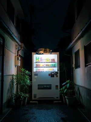 A vending machine at the end of a narrow Tokyo residential street, flanked by po