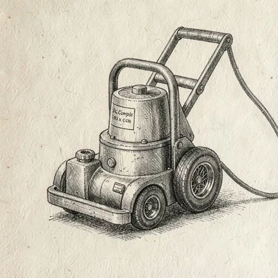 Pen-and-ink illustration of a plate compactor with handle and exhaust, hatched c