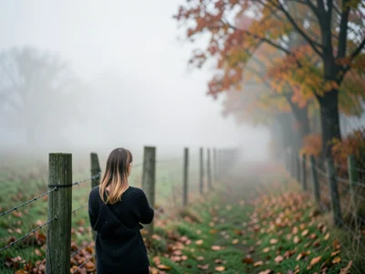 Foggy autumn morning in rural setting, fence line disappearing into mist