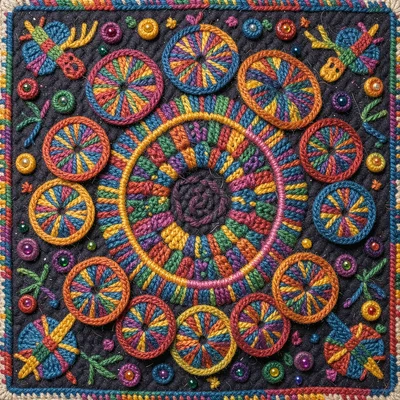Peyote cactus cluster — button tops forming a ring, each button a radial spoke p
