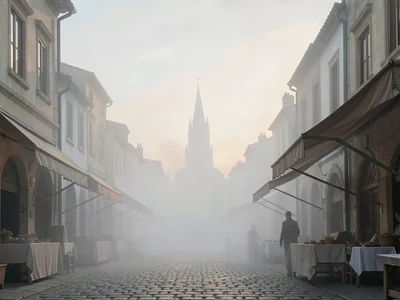 Hushed market square at dawn, awning frames bare, distant cathedral spire just a
