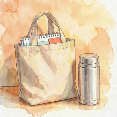 Warm illustration of a tote bag with planner peeking out beside a thermos, sun-w