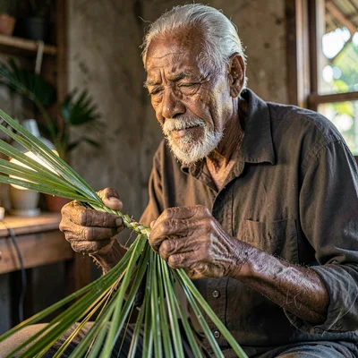 A patient elder Pacific Islander grandfather plaiting palm fronds, knuckles weat