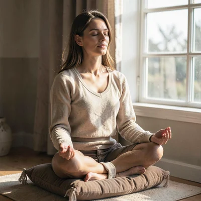 Soft natural light photograph, Person meditating on cushion near window, morning