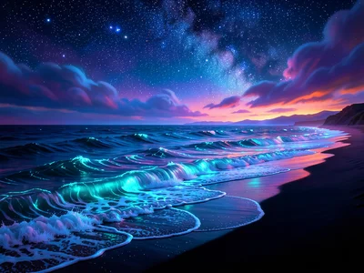 Bioluminescent waves washing ashore on a dark beach, stars above