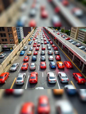 Gridlocked tilt-shift photograph from a downtown rooftop of a multi-lane interch