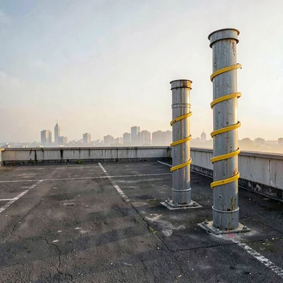 Painted maintenance bands spiral around vent stacks weathering quietly above an 