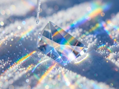 Prismatic refraction through icicle, winter sun creating spectral colors on snow