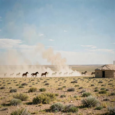 Gobi steppe horizontal, Mongolian vastness, Herd of wild horses galloping across