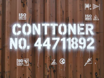 A shipping container wall with large stenciled numbers — CONTAINER NO. 4471892 —