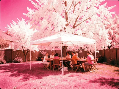 A backyard barbecue scene with guests under a white-canopied tree