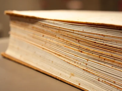 Book fore-edge fanned slightly, pages separating to show individual sheet edges,