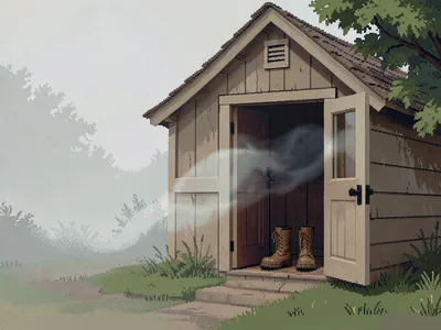 Soft mist drifting past the open doorway of a small farmhouse where a single pai