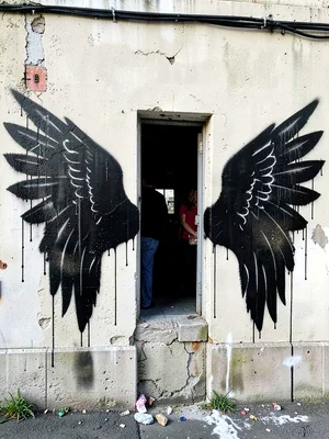 Angel wings stencilled on a wall behind a gap where people could stand — wings o