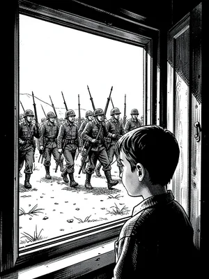 Child watching soldiers march