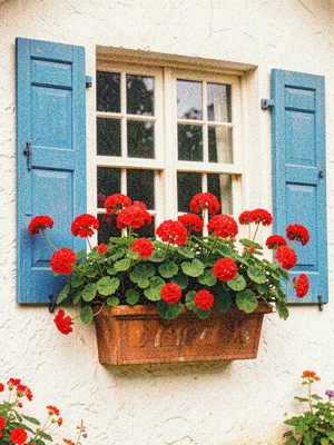 A window box overflowing with red geraniums on a whitewashed cottage with blue s