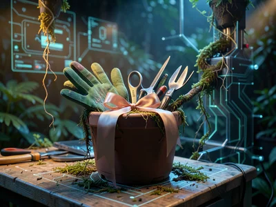 Garden gloves and tools arranged as gift on potting bench, ribbon