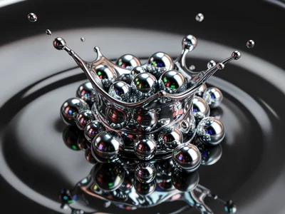 Cluster of chrome mercury beads on dark surface, each sphere a perfect convex mi