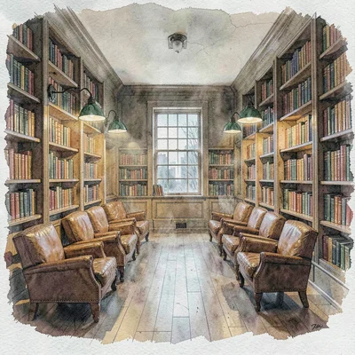 a small-town public library reading room at lamplight evening, green-shaded lamp