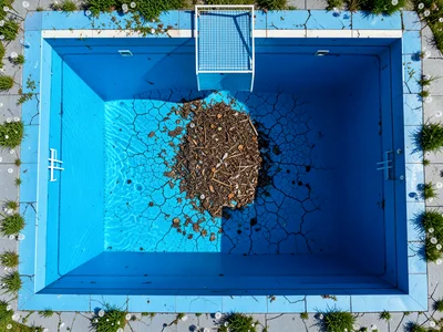 An abandoned swimming pool from above, empty of water, the blue-painted interior