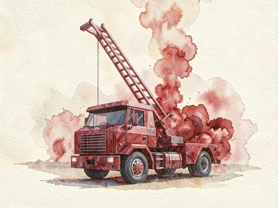 Glassy ruby-red lowpoly fire truck with a chunky faceted body and a tall ladder 