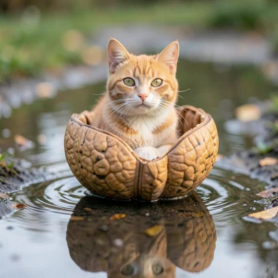 Cat sitting in a walnut shell like a boat, floating on puddle, macro