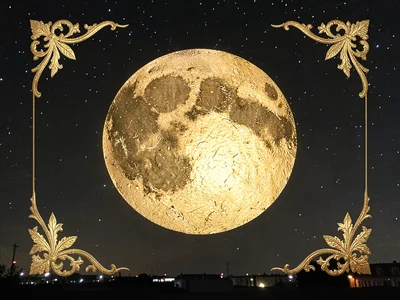 A night sky photograph with the full moon replaced by a sheet of hammered gold