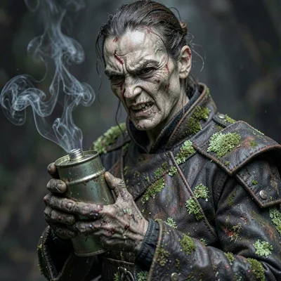 A grim rot-warden in lichen-stained leather, holding a sealed lead canister that