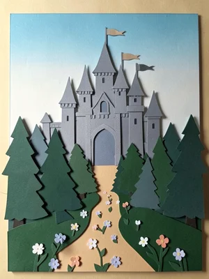 A fairy tale castle: gradient sky behind, castle towers in grey with flag detail