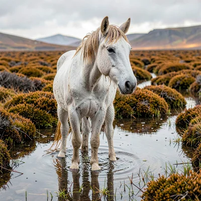 Connemara bog light, Atlantic silver, Pony standing in bog, mane wet, patient in