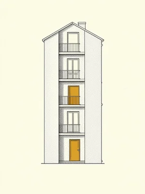A cross-section view of a tall building drawn in fine line stipple highlights on